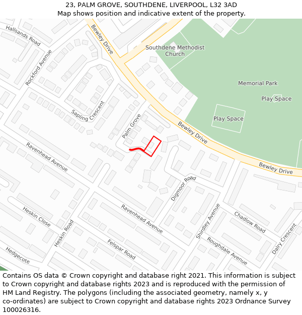 23, PALM GROVE, SOUTHDENE, LIVERPOOL, L32 3AD: Location map and indicative extent of plot