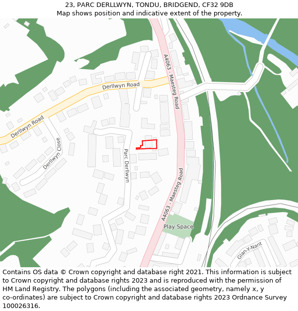 23, PARC DERLLWYN, TONDU, BRIDGEND, CF32 9DB: Location map and indicative extent of plot