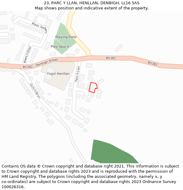 23, PARC Y LLAN, HENLLAN, DENBIGH, LL16 5AS: Location map and indicative extent of plot