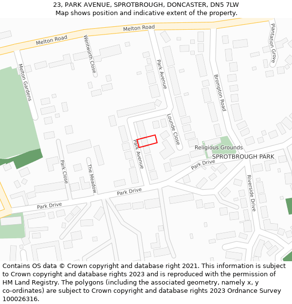 23, PARK AVENUE, SPROTBROUGH, DONCASTER, DN5 7LW: Location map and indicative extent of plot