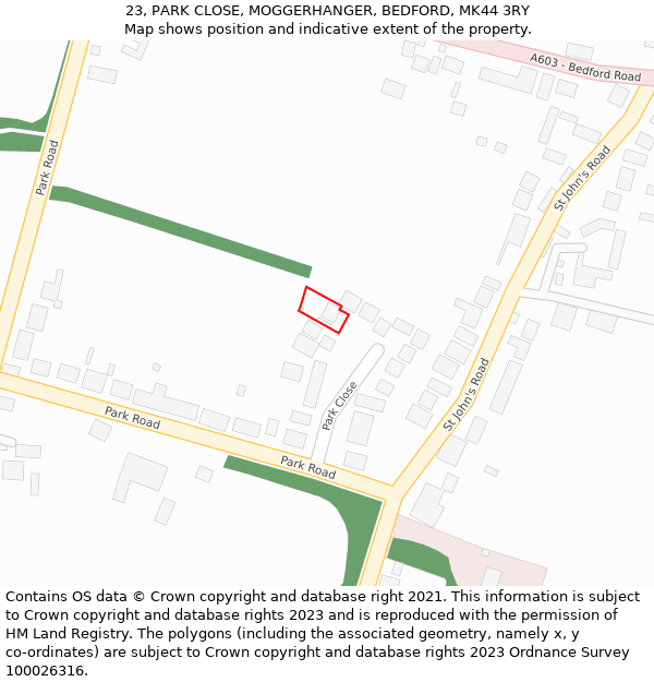 23, PARK CLOSE, MOGGERHANGER, BEDFORD, MK44 3RY: Location map and indicative extent of plot