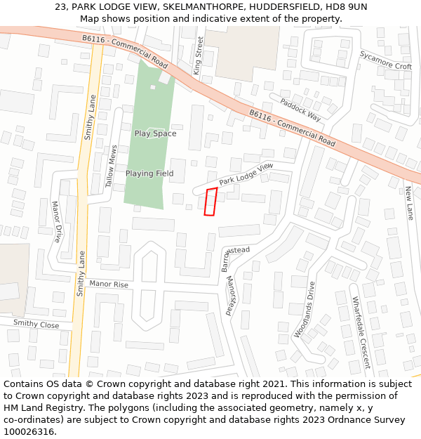 23, PARK LODGE VIEW, SKELMANTHORPE, HUDDERSFIELD, HD8 9UN: Location map and indicative extent of plot