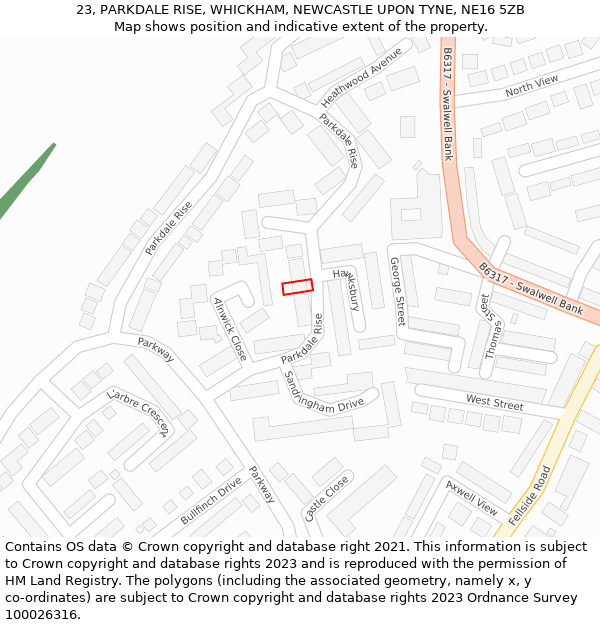 23, PARKDALE RISE, WHICKHAM, NEWCASTLE UPON TYNE, NE16 5ZB: Location map and indicative extent of plot