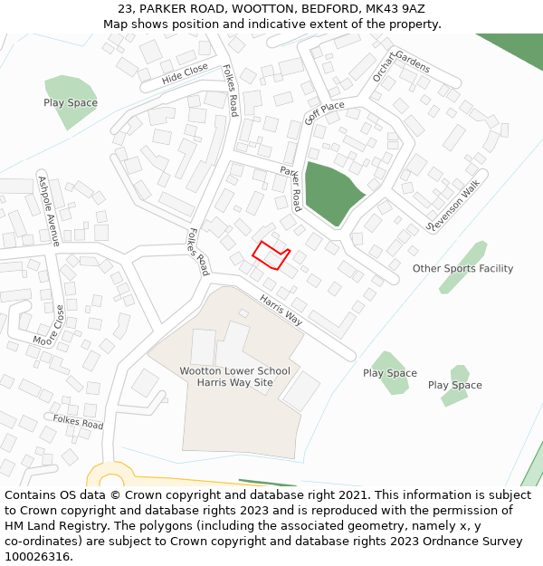 23, PARKER ROAD, WOOTTON, BEDFORD, MK43 9AZ: Location map and indicative extent of plot