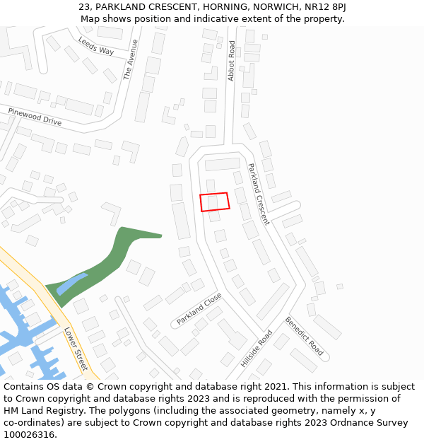 23, PARKLAND CRESCENT, HORNING, NORWICH, NR12 8PJ: Location map and indicative extent of plot