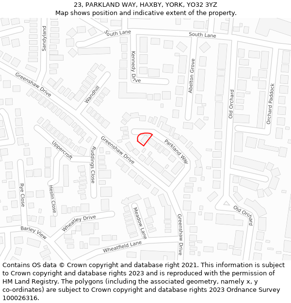 23, PARKLAND WAY, HAXBY, YORK, YO32 3YZ: Location map and indicative extent of plot