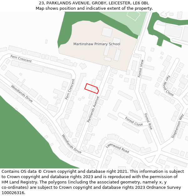 23, PARKLANDS AVENUE, GROBY, LEICESTER, LE6 0BL: Location map and indicative extent of plot