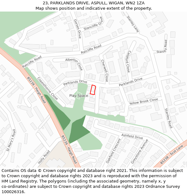 23, PARKLANDS DRIVE, ASPULL, WIGAN, WN2 1ZA: Location map and indicative extent of plot