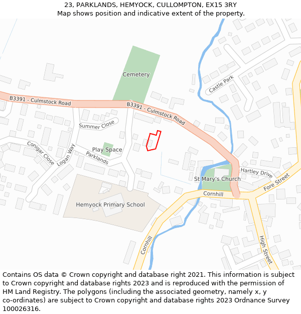 23, PARKLANDS, HEMYOCK, CULLOMPTON, EX15 3RY: Location map and indicative extent of plot