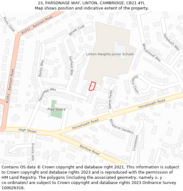 23, PARSONAGE WAY, LINTON, CAMBRIDGE, CB21 4YL: Location map and indicative extent of plot