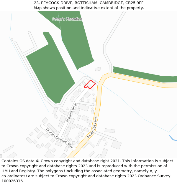 23, PEACOCK DRIVE, BOTTISHAM, CAMBRIDGE, CB25 9EF: Location map and indicative extent of plot