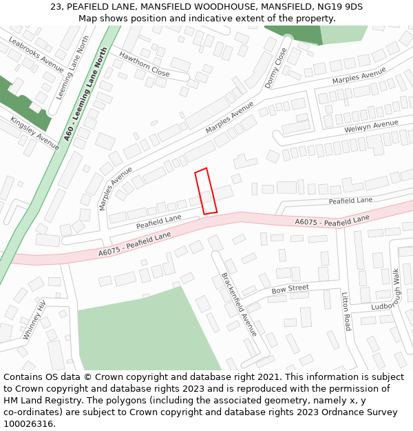 23, PEAFIELD LANE, MANSFIELD WOODHOUSE, MANSFIELD, NG19 9DS: Location map and indicative extent of plot