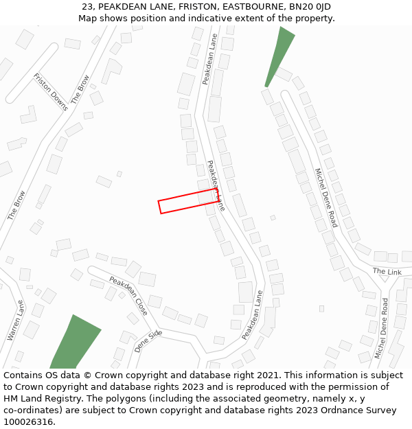 23, PEAKDEAN LANE, FRISTON, EASTBOURNE, BN20 0JD: Location map and indicative extent of plot