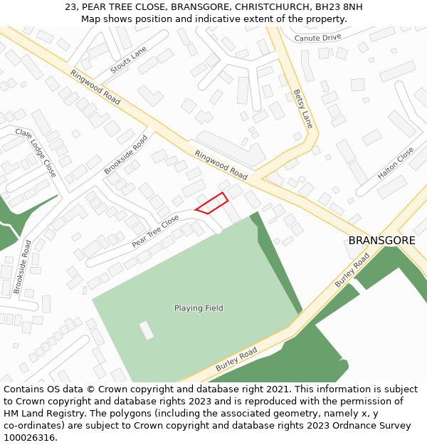 23, PEAR TREE CLOSE, BRANSGORE, CHRISTCHURCH, BH23 8NH: Location map and indicative extent of plot