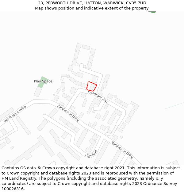 23, PEBWORTH DRIVE, HATTON, WARWICK, CV35 7UD: Location map and indicative extent of plot