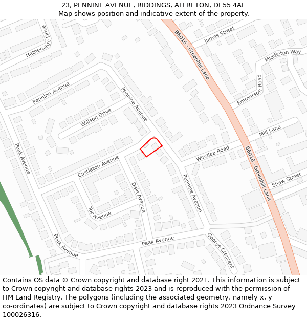 23, PENNINE AVENUE, RIDDINGS, ALFRETON, DE55 4AE: Location map and indicative extent of plot