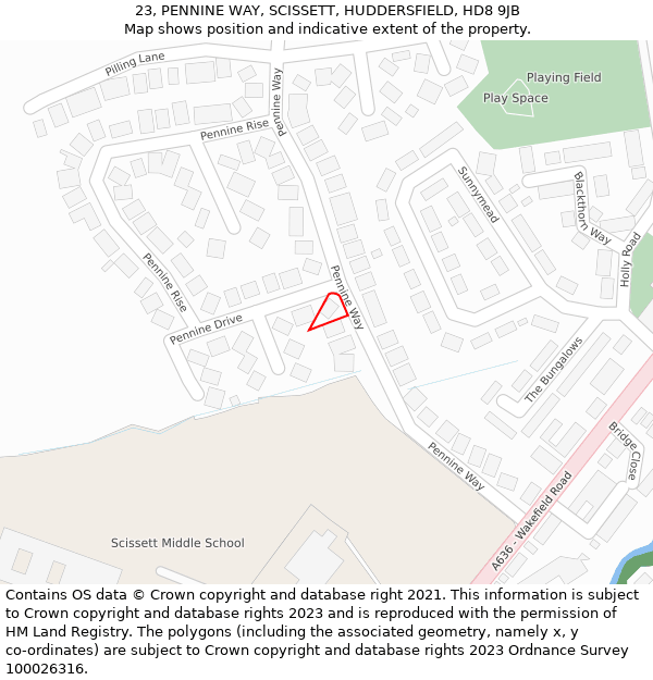 23, PENNINE WAY, SCISSETT, HUDDERSFIELD, HD8 9JB: Location map and indicative extent of plot