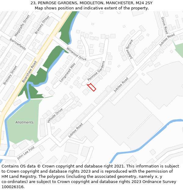 23, PENROSE GARDENS, MIDDLETON, MANCHESTER, M24 2SY: Location map and indicative extent of plot