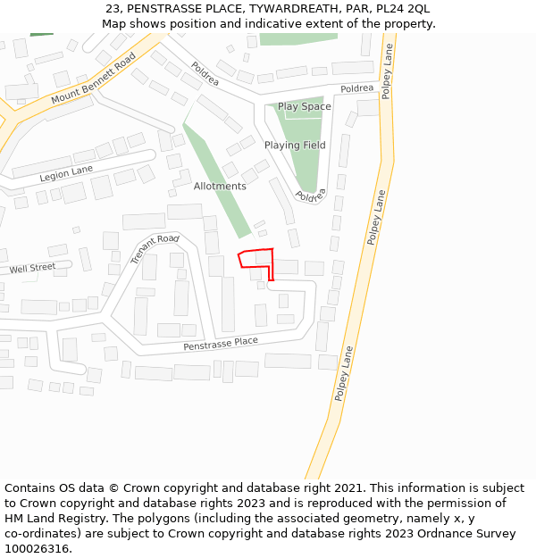 23, PENSTRASSE PLACE, TYWARDREATH, PAR, PL24 2QL: Location map and indicative extent of plot