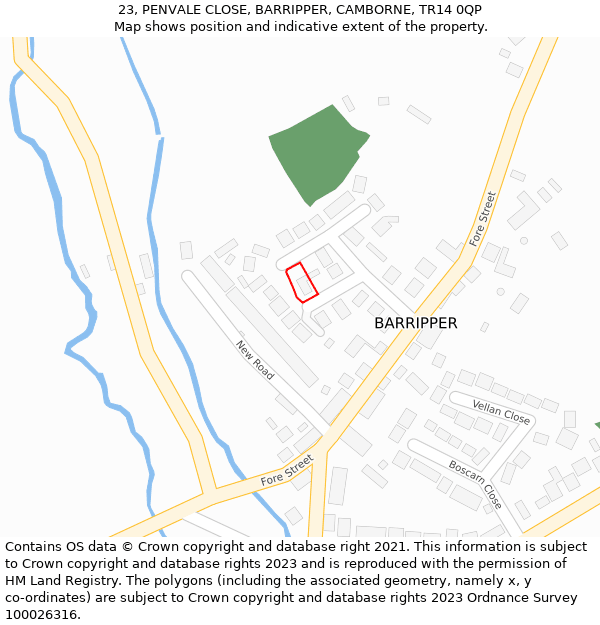 23, PENVALE CLOSE, BARRIPPER, CAMBORNE, TR14 0QP: Location map and indicative extent of plot