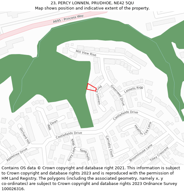 23, PERCY LONNEN, PRUDHOE, NE42 5QU: Location map and indicative extent of plot