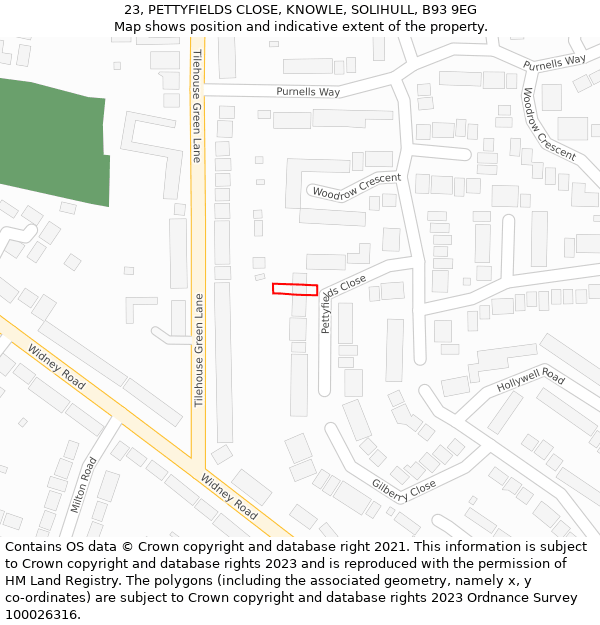 23, PETTYFIELDS CLOSE, KNOWLE, SOLIHULL, B93 9EG: Location map and indicative extent of plot