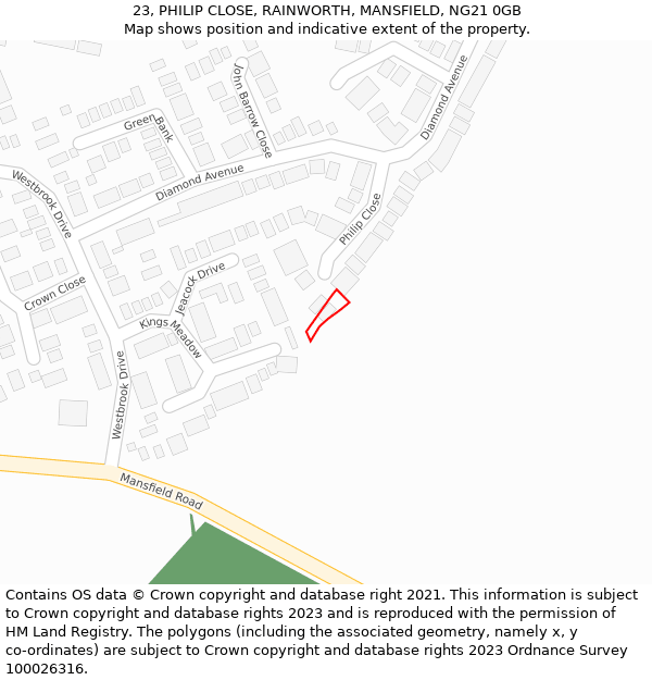 23, PHILIP CLOSE, RAINWORTH, MANSFIELD, NG21 0GB: Location map and indicative extent of plot