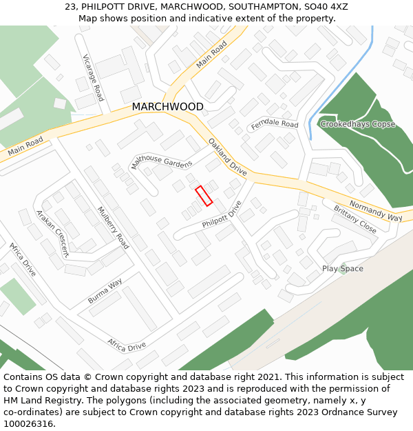 23, PHILPOTT DRIVE, MARCHWOOD, SOUTHAMPTON, SO40 4XZ: Location map and indicative extent of plot