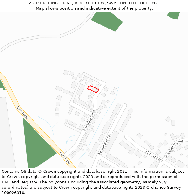 23, PICKERING DRIVE, BLACKFORDBY, SWADLINCOTE, DE11 8GL: Location map and indicative extent of plot