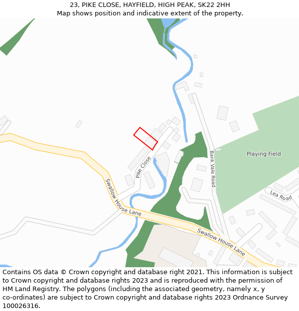 23, PIKE CLOSE, HAYFIELD, HIGH PEAK, SK22 2HH: Location map and indicative extent of plot