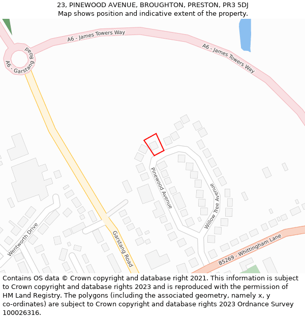 23, PINEWOOD AVENUE, BROUGHTON, PRESTON, PR3 5DJ: Location map and indicative extent of plot