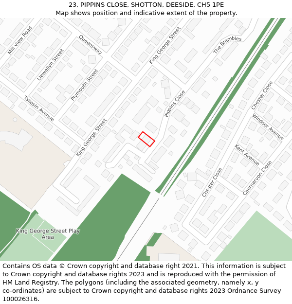 23, PIPPINS CLOSE, SHOTTON, DEESIDE, CH5 1PE: Location map and indicative extent of plot