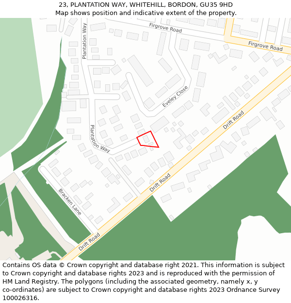 23, PLANTATION WAY, WHITEHILL, BORDON, GU35 9HD: Location map and indicative extent of plot