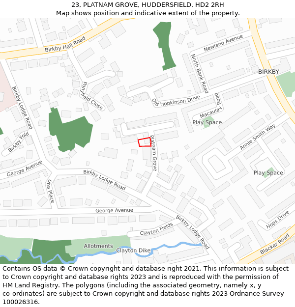 23, PLATNAM GROVE, HUDDERSFIELD, HD2 2RH: Location map and indicative extent of plot