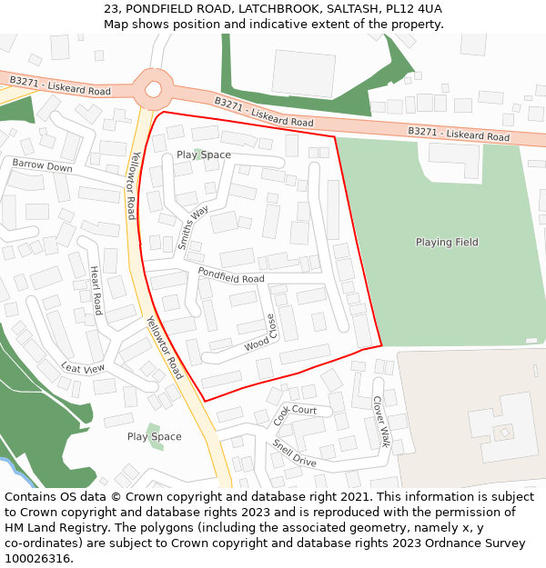 23, PONDFIELD ROAD, LATCHBROOK, SALTASH, PL12 4UA: Location map and indicative extent of plot