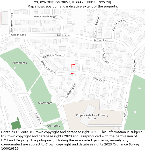 23, PONDFIELDS DRIVE, KIPPAX, LEEDS, LS25 7HJ: Location map and indicative extent of plot