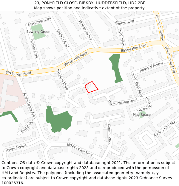 23, PONYFIELD CLOSE, BIRKBY, HUDDERSFIELD, HD2 2BF: Location map and indicative extent of plot