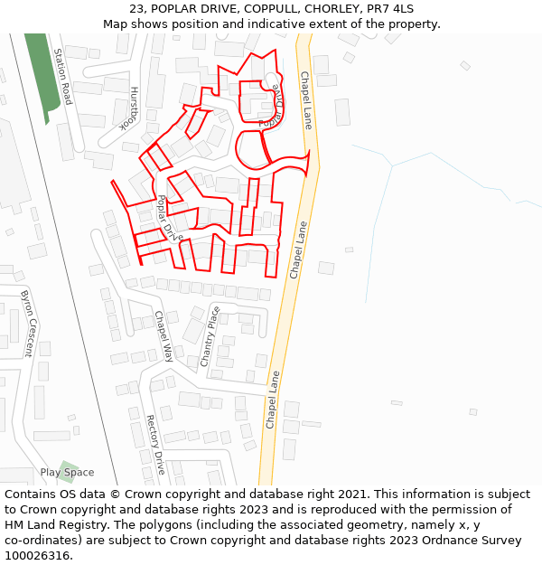 23, POPLAR DRIVE, COPPULL, CHORLEY, PR7 4LS: Location map and indicative extent of plot