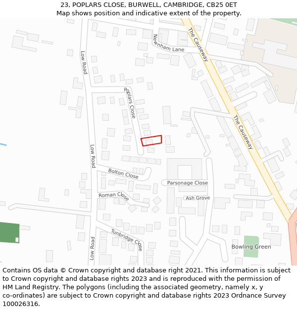 23, POPLARS CLOSE, BURWELL, CAMBRIDGE, CB25 0ET: Location map and indicative extent of plot