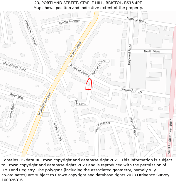 23, PORTLAND STREET, STAPLE HILL, BRISTOL, BS16 4PT: Location map and indicative extent of plot