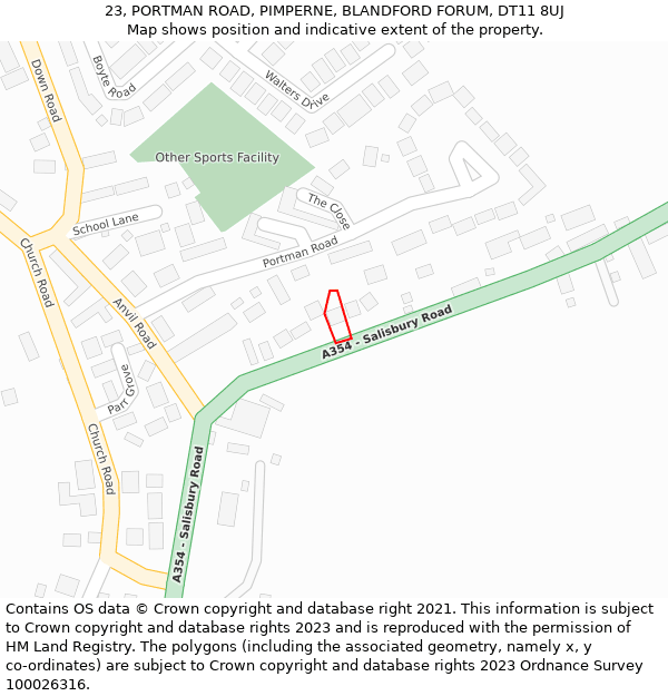 23, PORTMAN ROAD, PIMPERNE, BLANDFORD FORUM, DT11 8UJ: Location map and indicative extent of plot