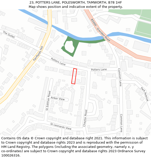 23, POTTERS LANE, POLESWORTH, TAMWORTH, B78 1HF: Location map and indicative extent of plot