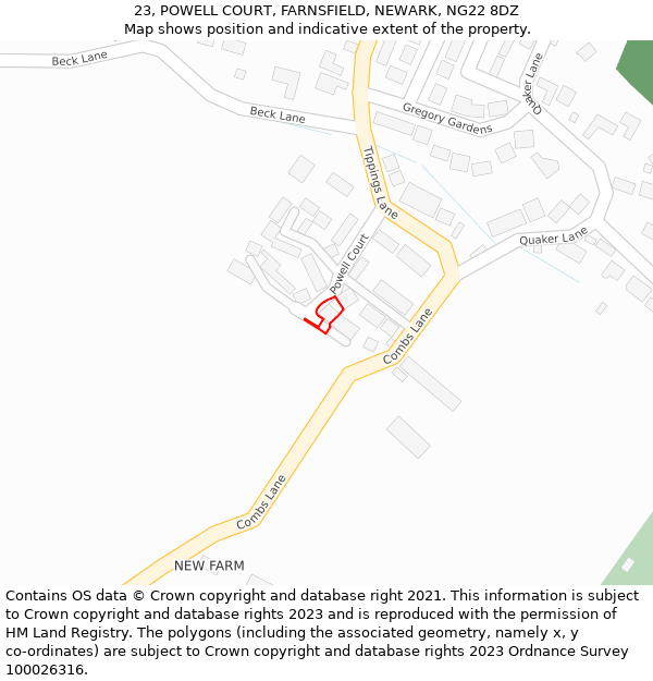 23, POWELL COURT, FARNSFIELD, NEWARK, NG22 8DZ: Location map and indicative extent of plot