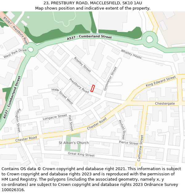 23, PRESTBURY ROAD, MACCLESFIELD, SK10 1AU: Location map and indicative extent of plot