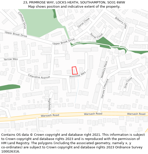 23, PRIMROSE WAY, LOCKS HEATH, SOUTHAMPTON, SO31 6WW: Location map and indicative extent of plot