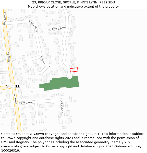 23, PRIORY CLOSE, SPORLE, KING'S LYNN, PE32 2DU: Location map and indicative extent of plot