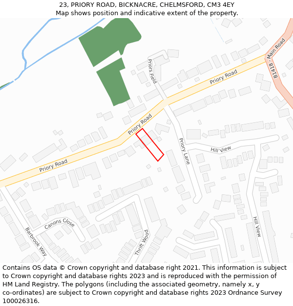 23, PRIORY ROAD, BICKNACRE, CHELMSFORD, CM3 4EY: Location map and indicative extent of plot