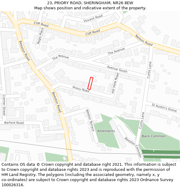 23, PRIORY ROAD, SHERINGHAM, NR26 8EW: Location map and indicative extent of plot