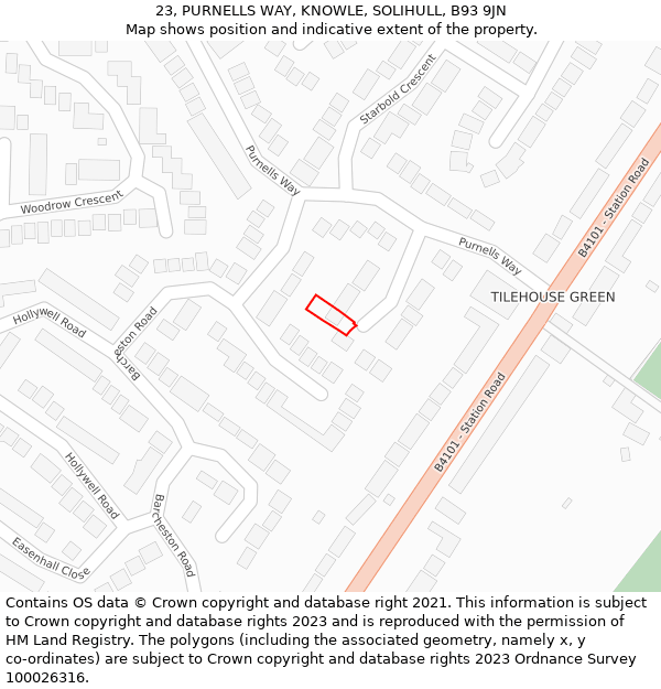 23, PURNELLS WAY, KNOWLE, SOLIHULL, B93 9JN: Location map and indicative extent of plot