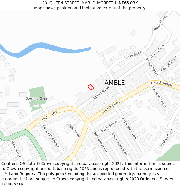 23, QUEEN STREET, AMBLE, MORPETH, NE65 0BX: Location map and indicative extent of plot